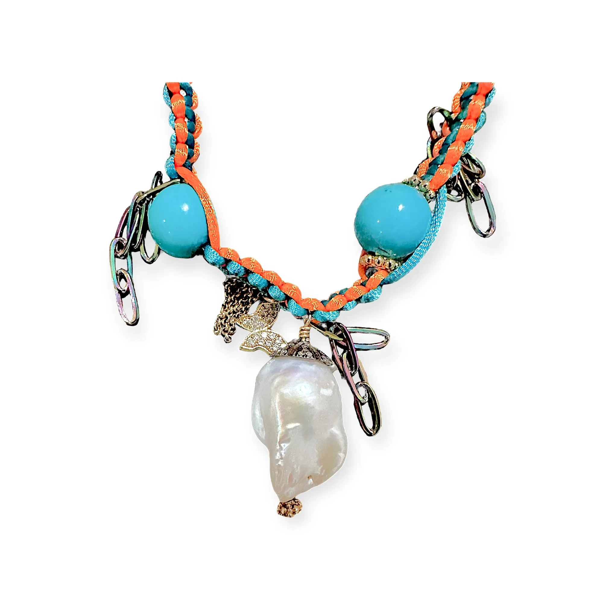 MEXICAN MAGIC GARDEN DIAMOND BAROQUE PEARL TURQUOISE GOLD BUTTERFLY CHAIN SILK ROCKSTAR ANKLET