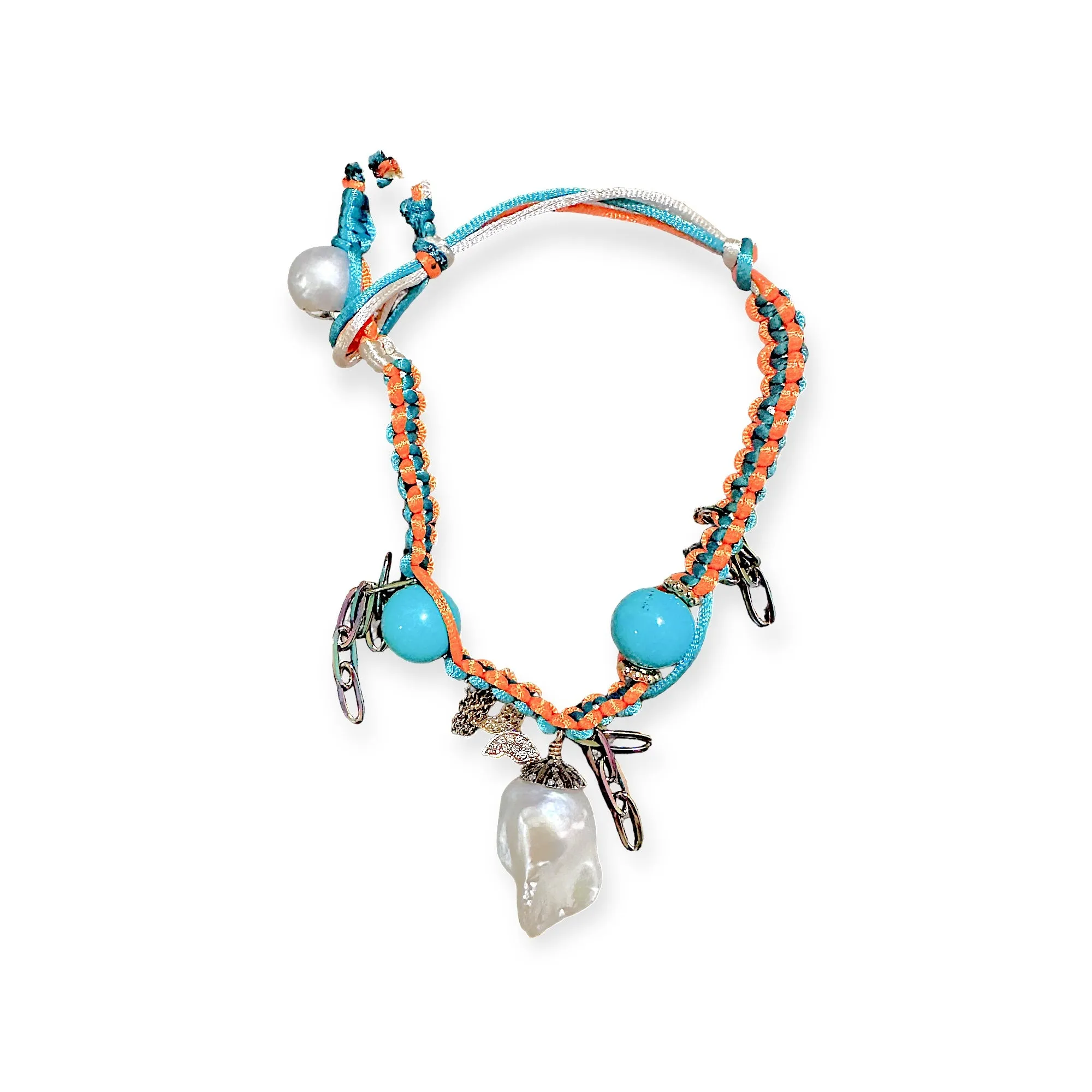 MEXICAN MAGIC GARDEN DIAMOND BAROQUE PEARL TURQUOISE GOLD BUTTERFLY CHAIN SILK ROCKSTAR ANKLET