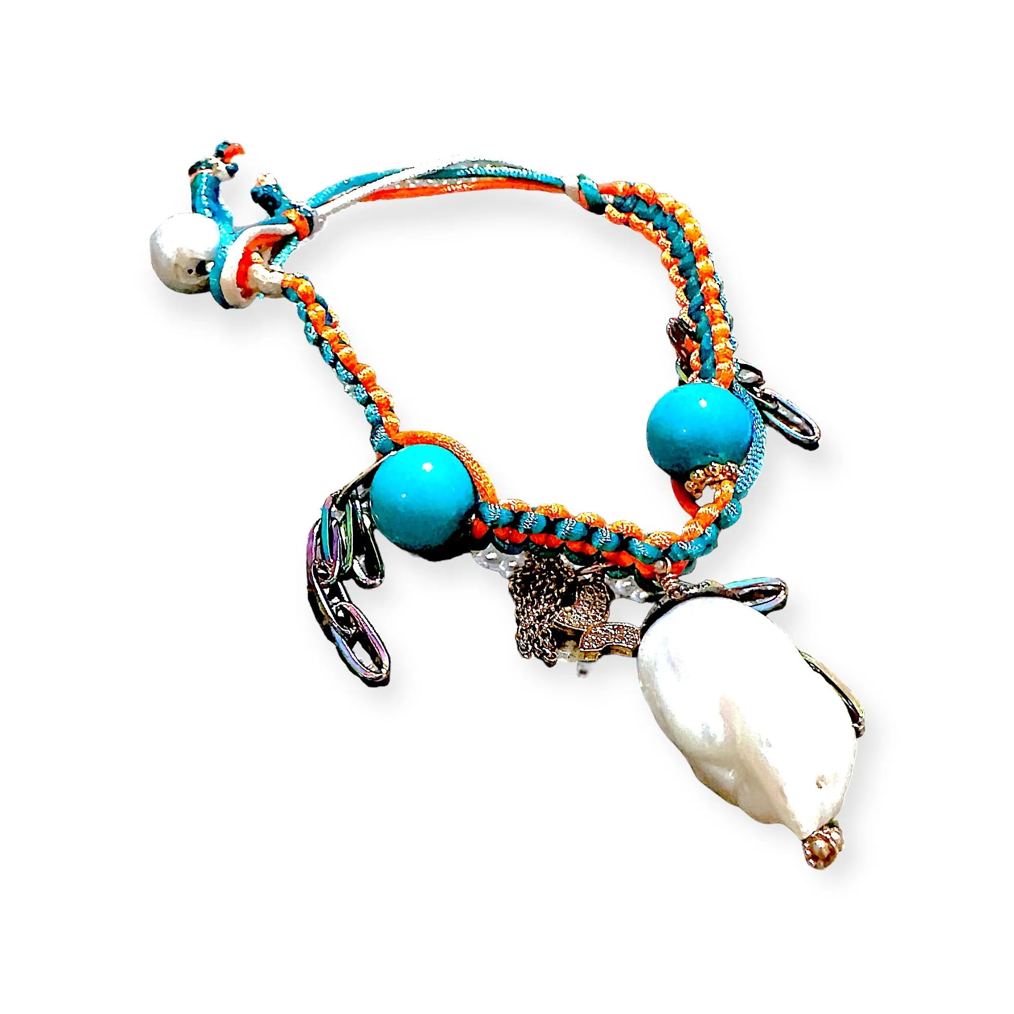 MEXICAN MAGIC GARDEN DIAMOND BAROQUE PEARL TURQUOISE GOLD BUTTERFLY CHAIN SILK ROCKSTAR ANKLET