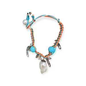 MEXICAN MAGIC GARDEN DIAMOND BAROQUE PEARL TURQUOISE GOLD BUTTERFLY CHAIN SILK ROCKSTAR ANKLET