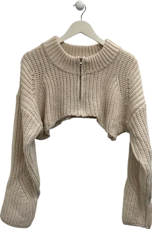 Minimuze Cream Cropped Zip Front Chunky Sweater UK S