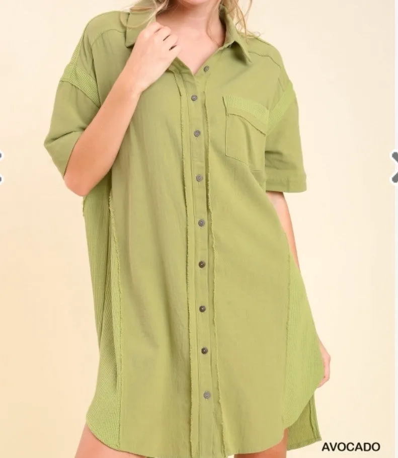 Mixed Fabric Button Down Dress
