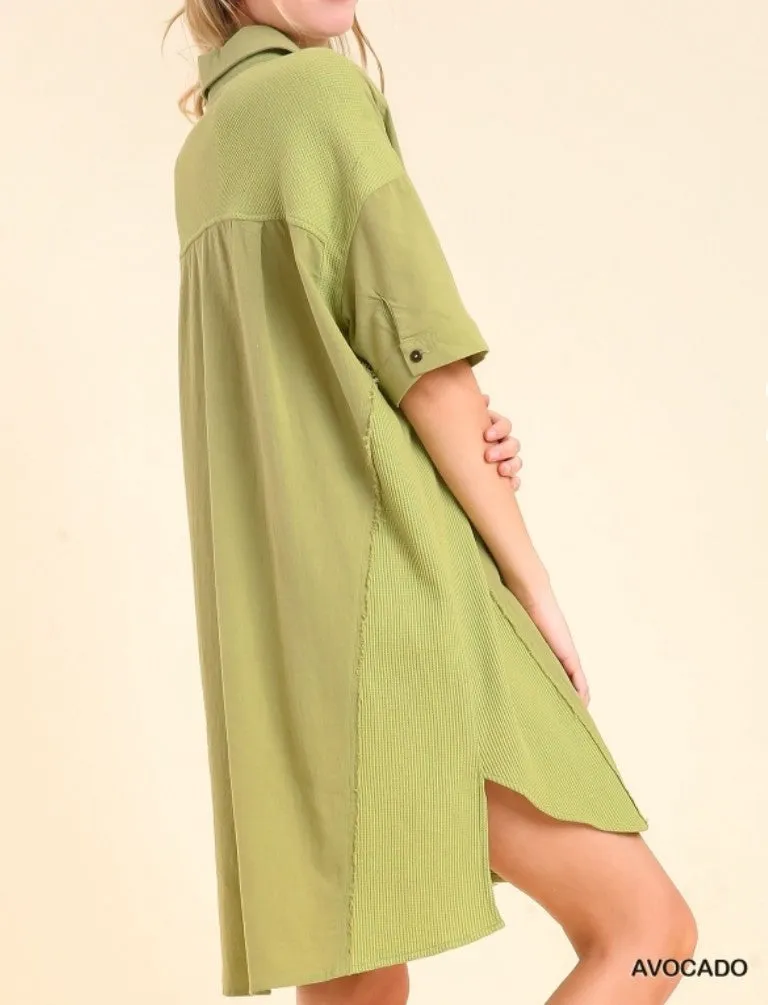 Mixed Fabric Button Down Dress