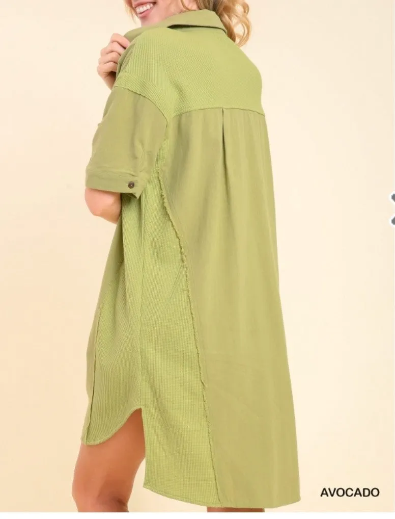 Mixed Fabric Button Down Dress