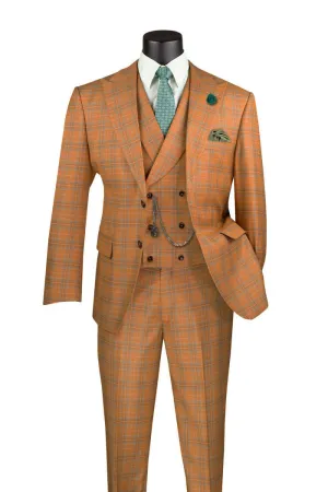 Modern Fit Windowpane Peak Lapel 3 Piece Suit Orange MV2W-3