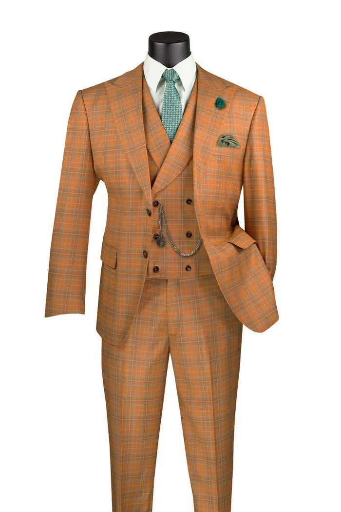 Modern Fit Windowpane Peak Lapel 3 Piece Suit Orange MV2W-3