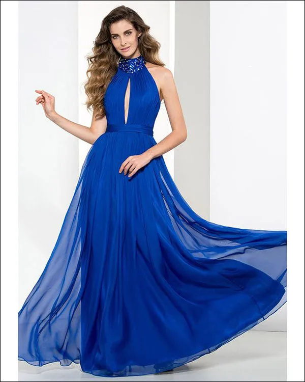 Modest Royal Blue Prom Dresses with Halter Beadings New Arrival 2018 Long Prom Party Gowns