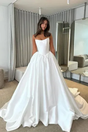 Modest Satin A-line Strapless Princess Wedding Dresses With Court Train, MW1081