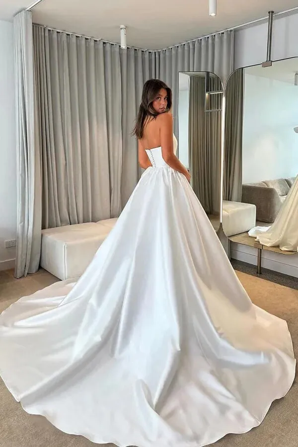 Modest Satin A-line Strapless Princess Wedding Dresses With Court Train, MW1081