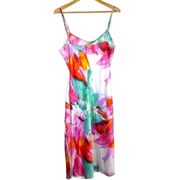 Natori Botan Print Chemise Satin Slip Dress L