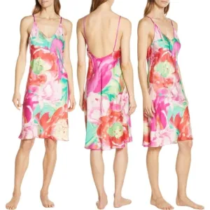 Natori Botan Print Chemise Satin Slip Dress L