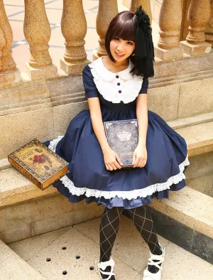 Navy Blue Lolita One piece Dress Asibuto Penta Short Sleeves Turndown Collar Lace Trim_