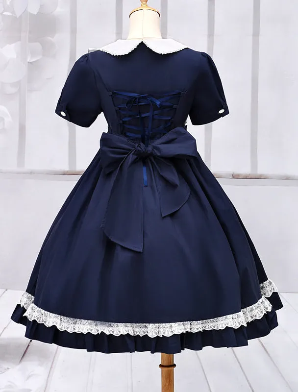 Navy Blue Lolita One piece Dress Asibuto Penta Short Sleeves Turndown Collar Lace Trim_