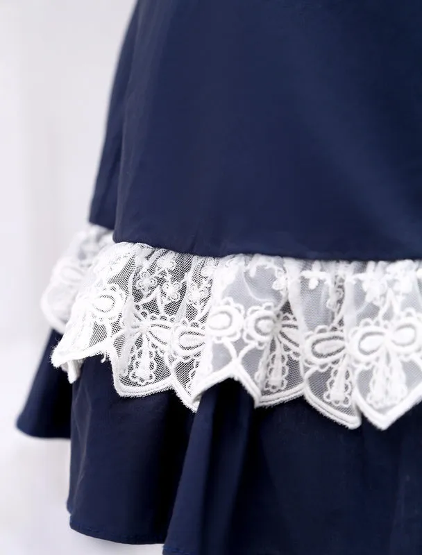 Navy Blue Lolita One piece Dress Asibuto Penta Short Sleeves Turndown Collar Lace Trim_