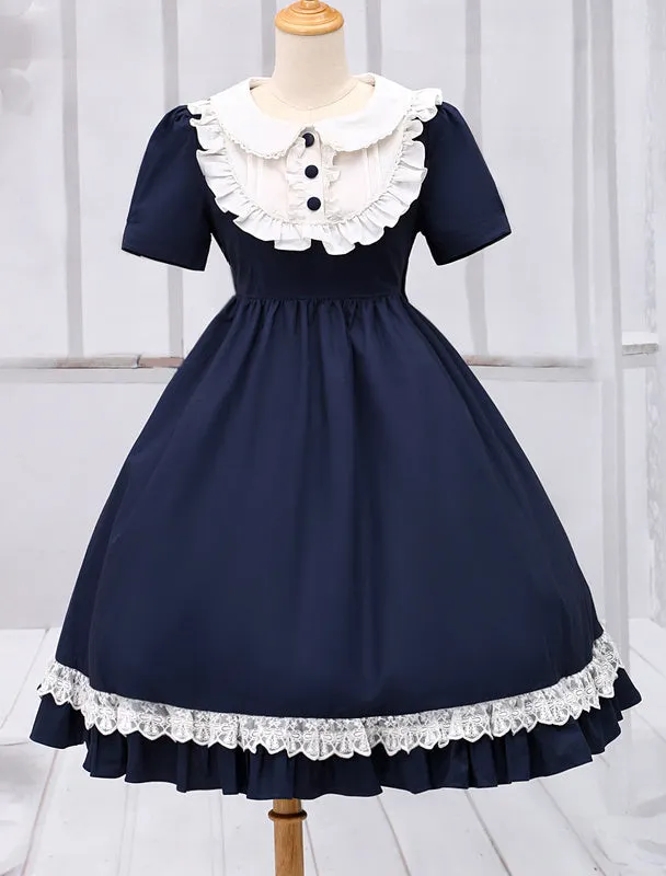 Navy Blue Lolita One piece Dress Asibuto Penta Short Sleeves Turndown Collar Lace Trim_