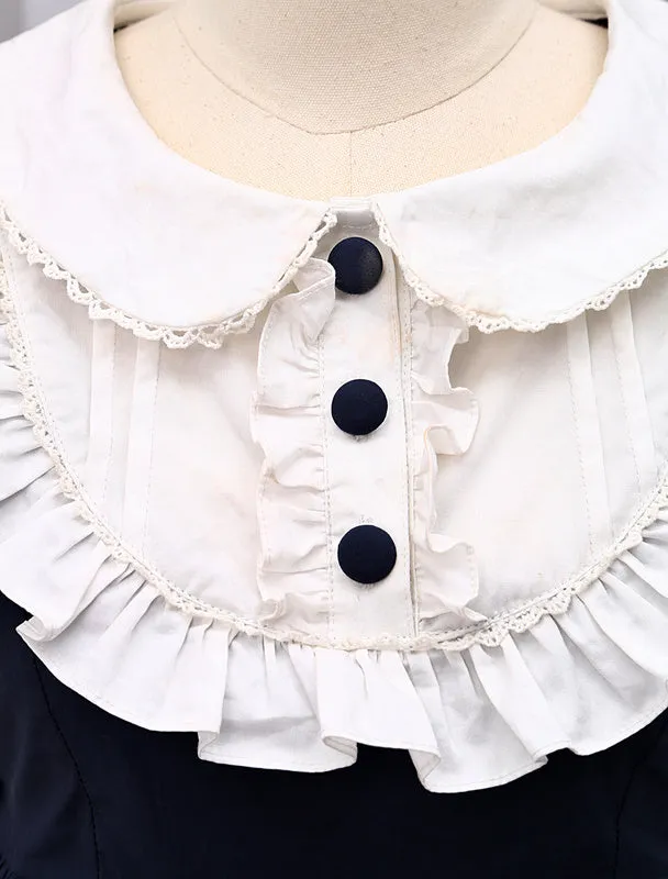Navy Blue Lolita One piece Dress Asibuto Penta Short Sleeves Turndown Collar Lace Trim_