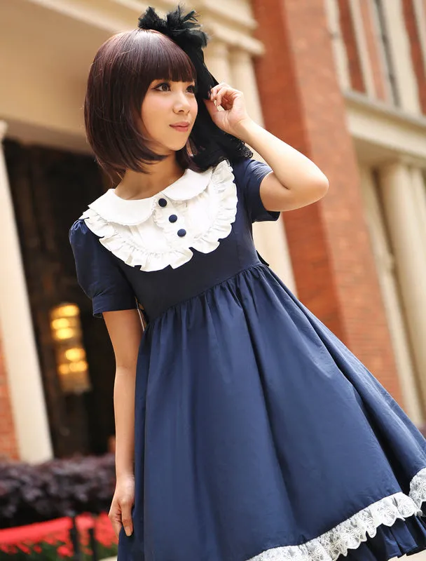 Navy Blue Lolita One piece Dress Asibuto Penta Short Sleeves Turndown Collar Lace Trim_