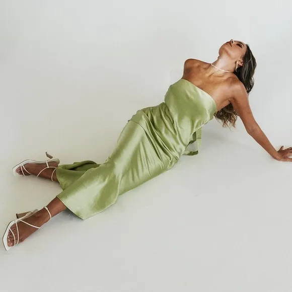 NWT Princess Polly Haley Maxi Dress Satin Strapless Slip Dress Green Size 6 US