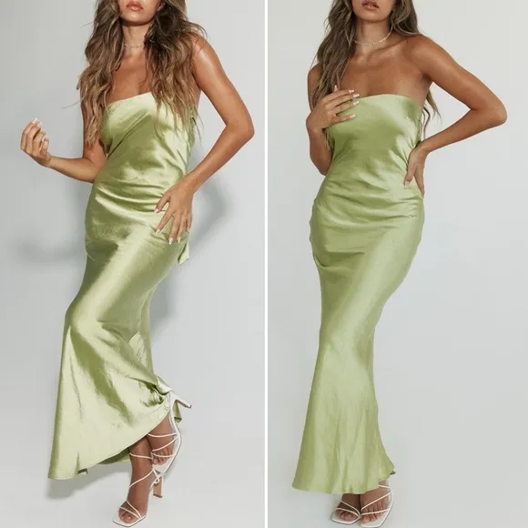 NWT Princess Polly Haley Maxi Dress Satin Strapless Slip Dress Green Size 6 US