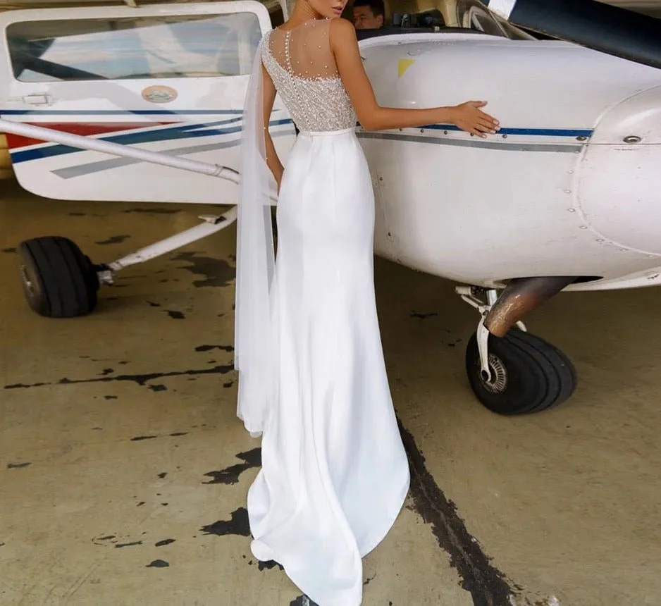 O-Neck A-Line Sleeveless Sweep Train Button Back Bridal Gown
