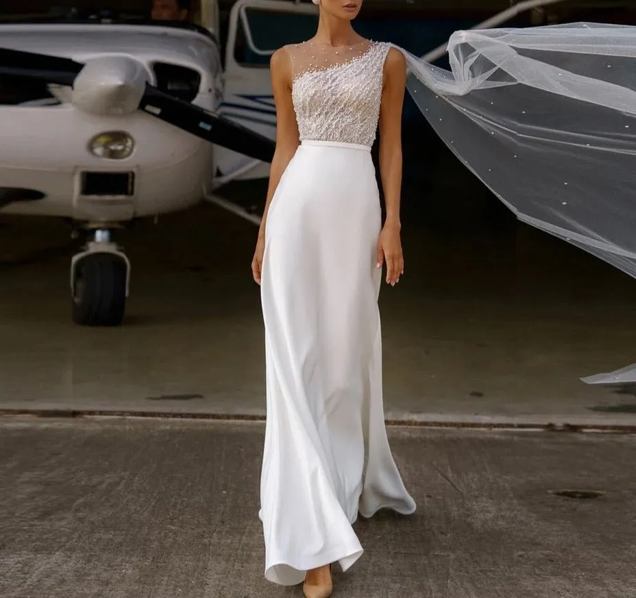 O-Neck A-Line Sleeveless Sweep Train Button Back Bridal Gown