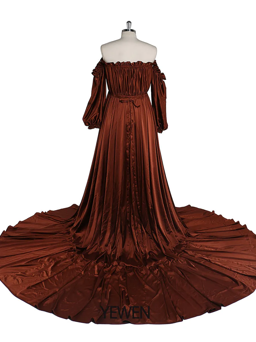 Off Shoulder Long Sleeves Evening Dresses Front Slit Photography Dresses Maternity Dress for Baby Shower YEWEN YW220316