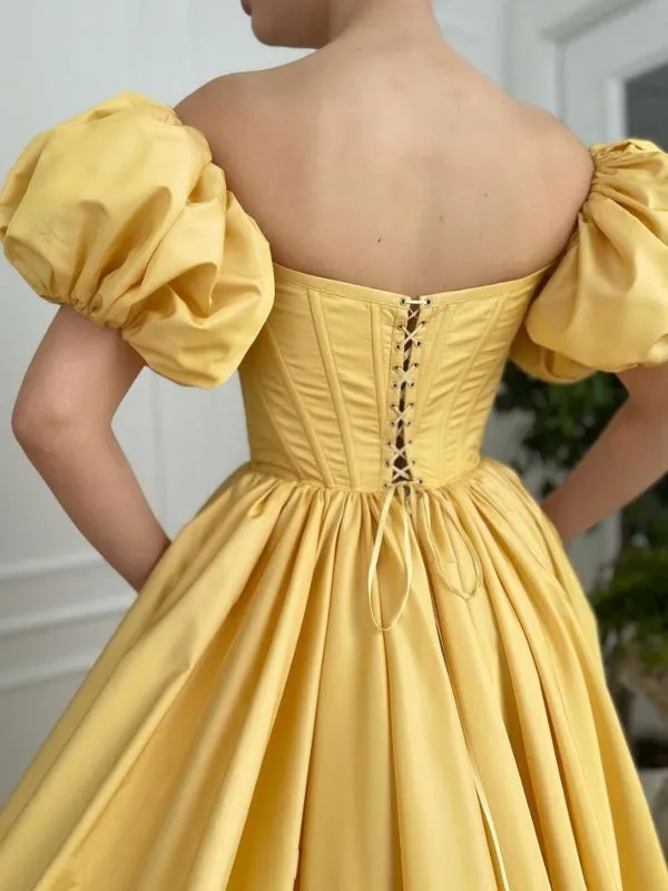 Off Shoulder Yellow Satin Long Prom Dresses with High Slit, Off the Shoulder Yellow Formal Evening Dresses