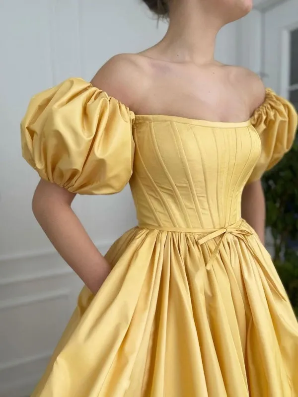 Off Shoulder Yellow Satin Long Prom Dresses with High Slit, Off the Shoulder Yellow Formal Evening Dresses
