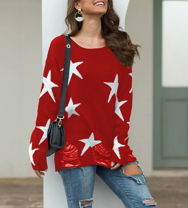 Pentagram Big Round Neck Torn Hole Sweater