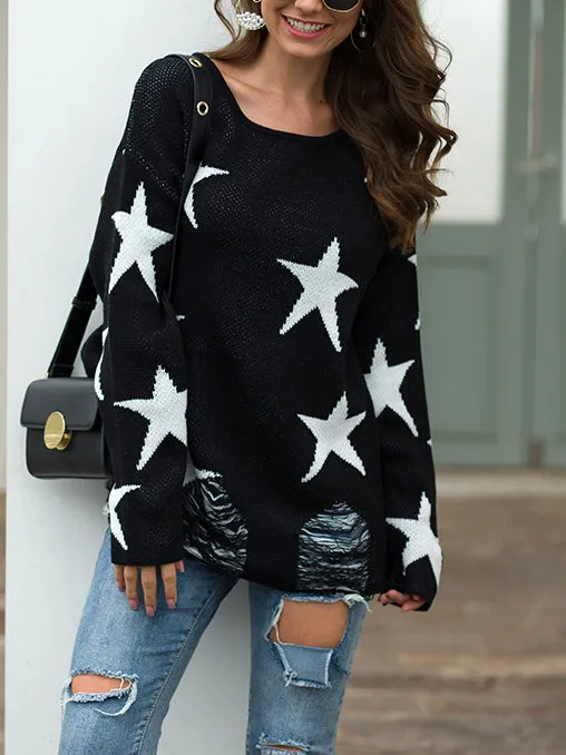 Pentagram Big Round Neck Torn Hole Sweater