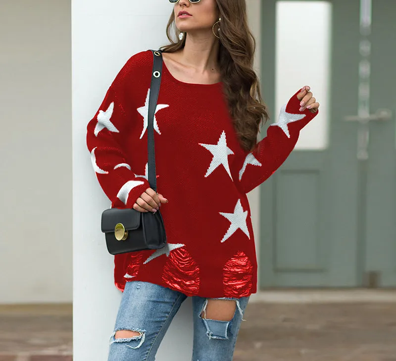 Pentagram Big Round Neck Torn Hole Sweater