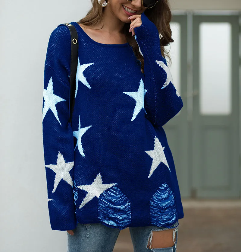 Pentagram Big Round Neck Torn Hole Sweater