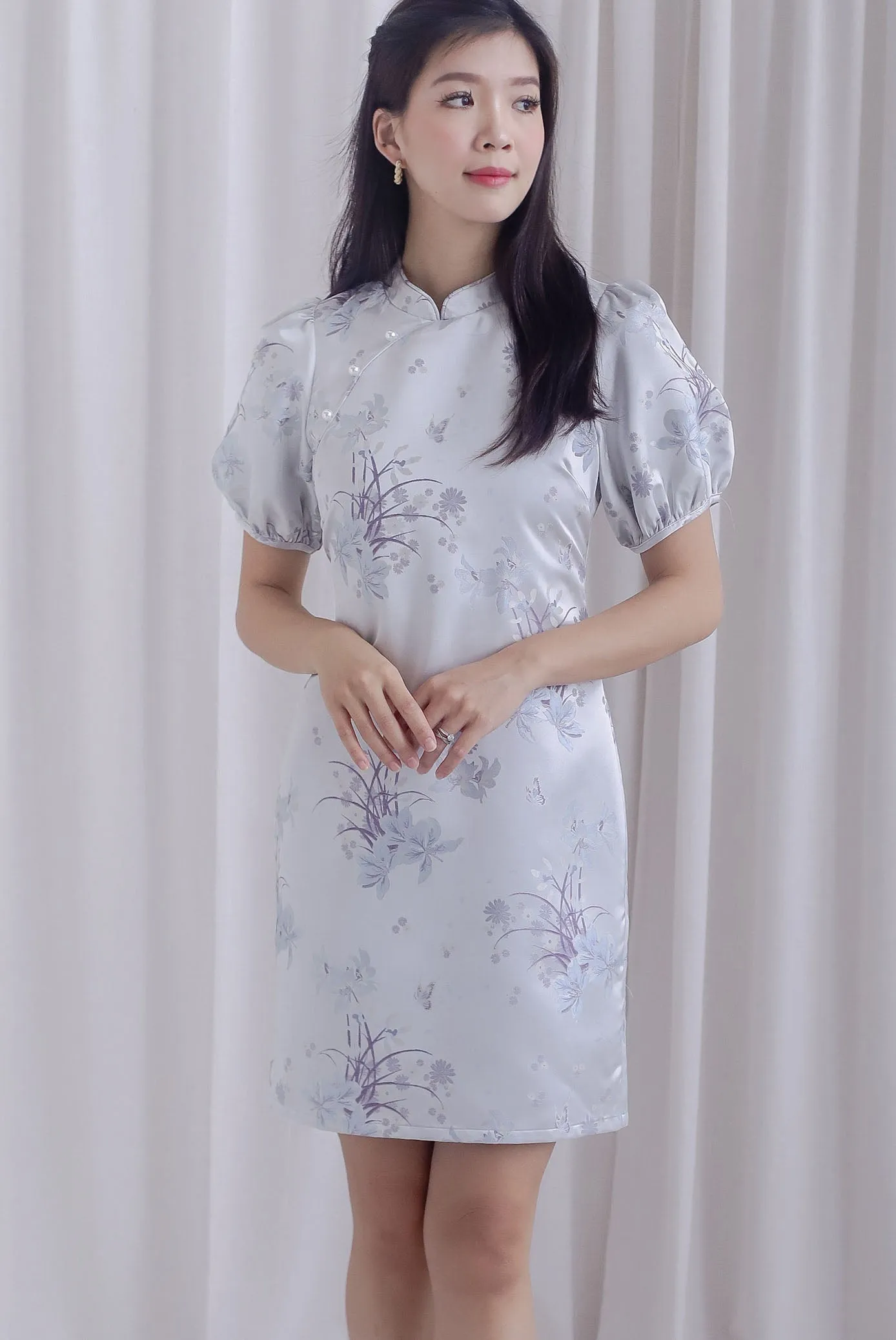 Phoenix Puffy Sleeve Brocade Cheong Sam Dress In Purple/Blue