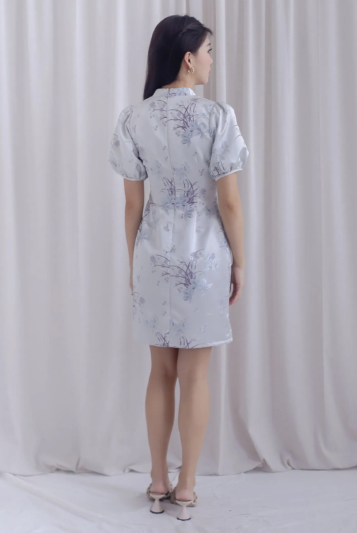 Phoenix Puffy Sleeve Brocade Cheong Sam Dress In Purple/Blue