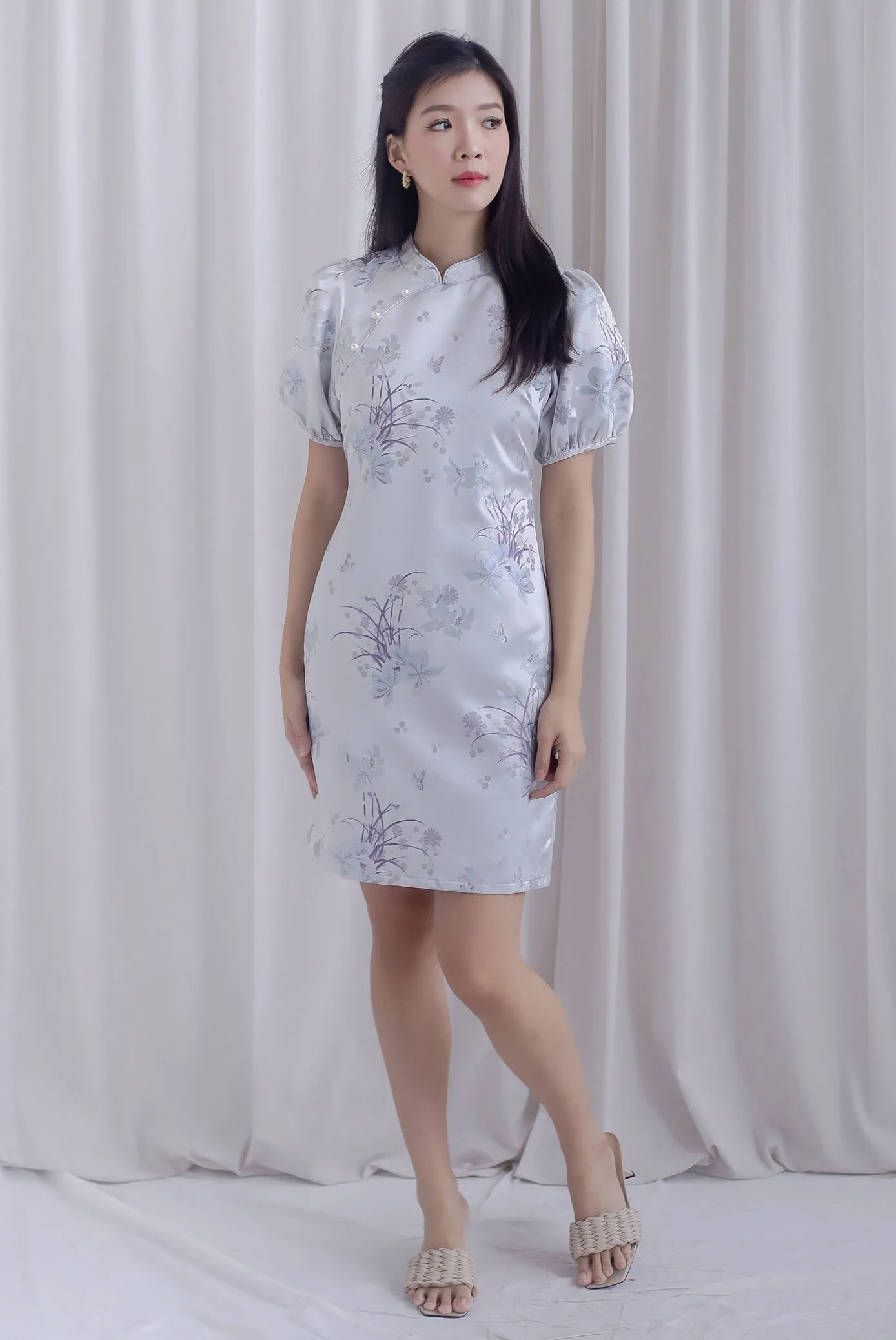 Phoenix Puffy Sleeve Brocade Cheong Sam Dress In Purple/Blue