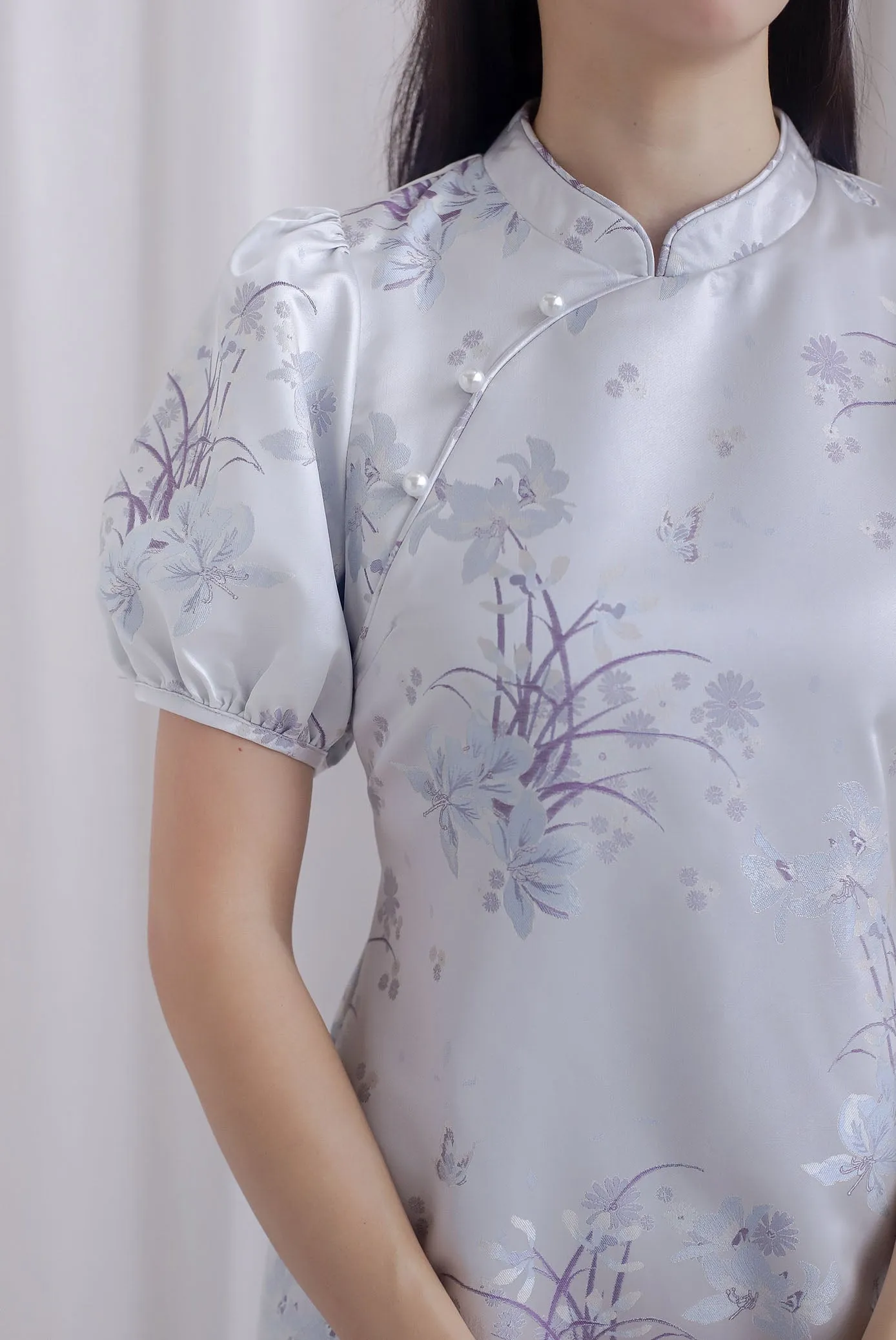Phoenix Puffy Sleeve Brocade Cheong Sam Dress In Purple/Blue