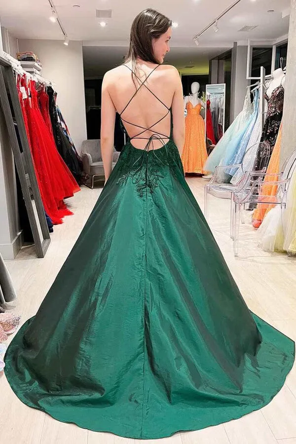 Pink Satin Lace A-line V-neck Backless Long Prom Dresses, Evening Dresses, MP781