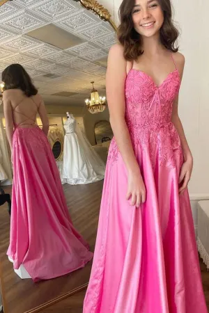 Pink Satin Lace A-line V-neck Backless Long Prom Dresses, Evening Dresses, MP781