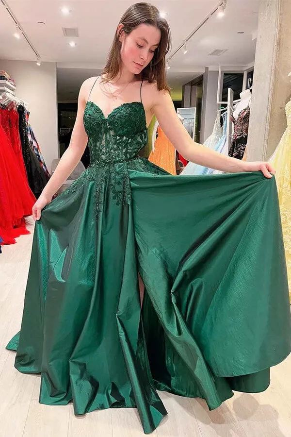 Pink Satin Lace A-line V-neck Backless Long Prom Dresses, Evening Dresses, MP781