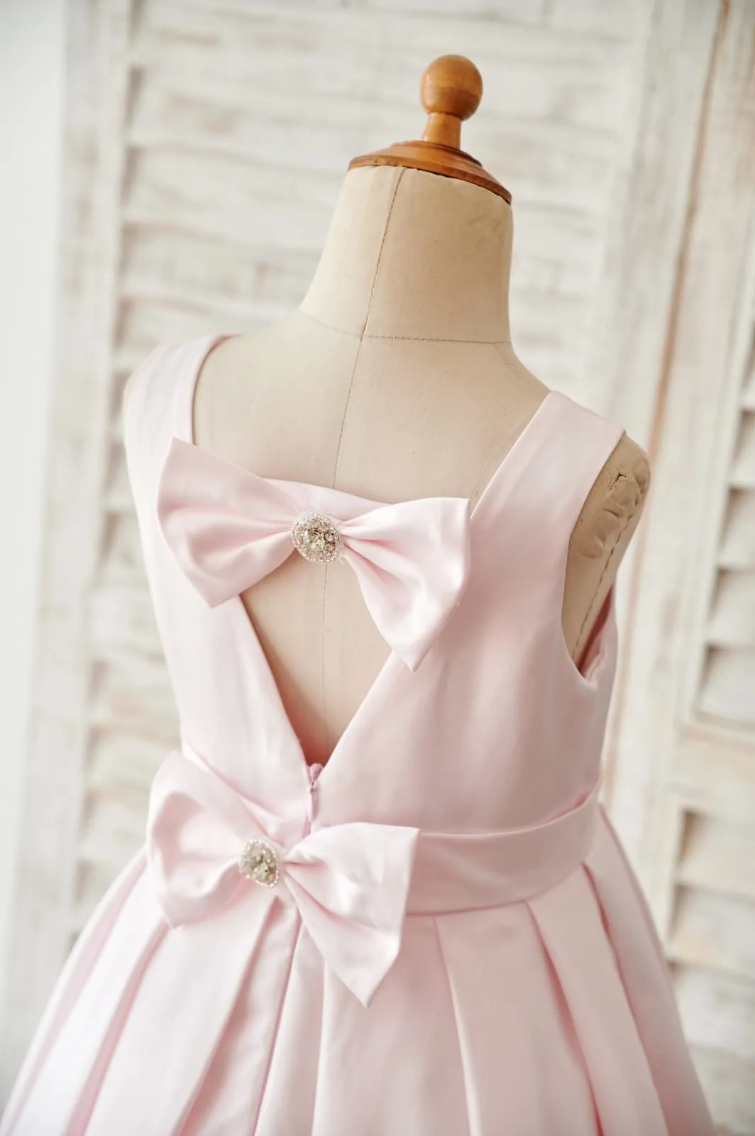 Pink Satin V Back Wedding Flower Girl Dress, Bows