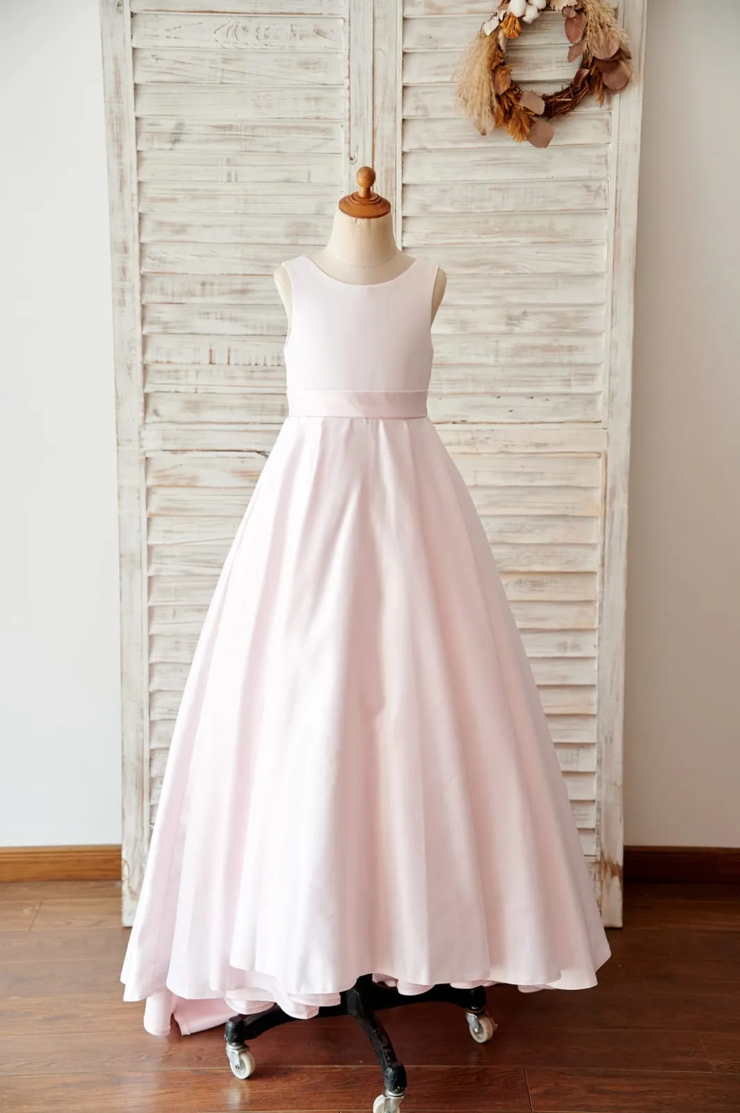 Pink Satin V Back Wedding Flower Girl Dress, Bows