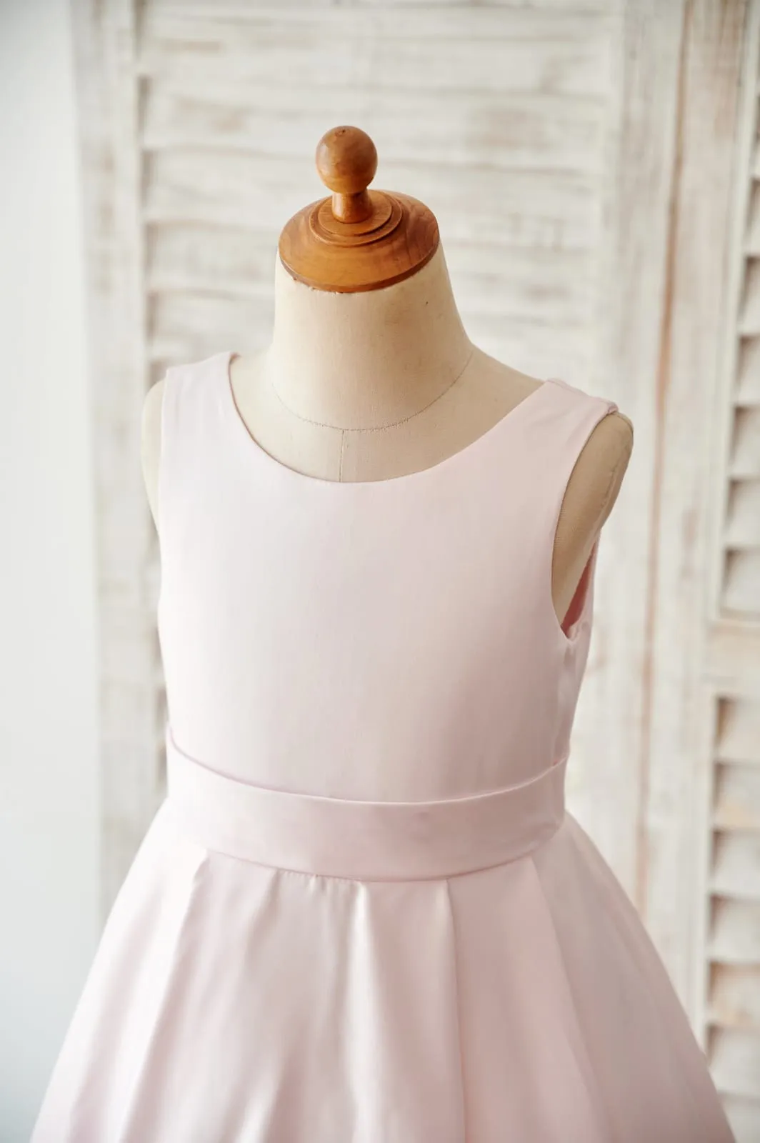 Pink Satin V Back Wedding Flower Girl Dress, Bows