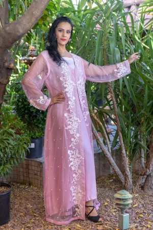 Pink Tulle Net and Silk Dress with Pearls