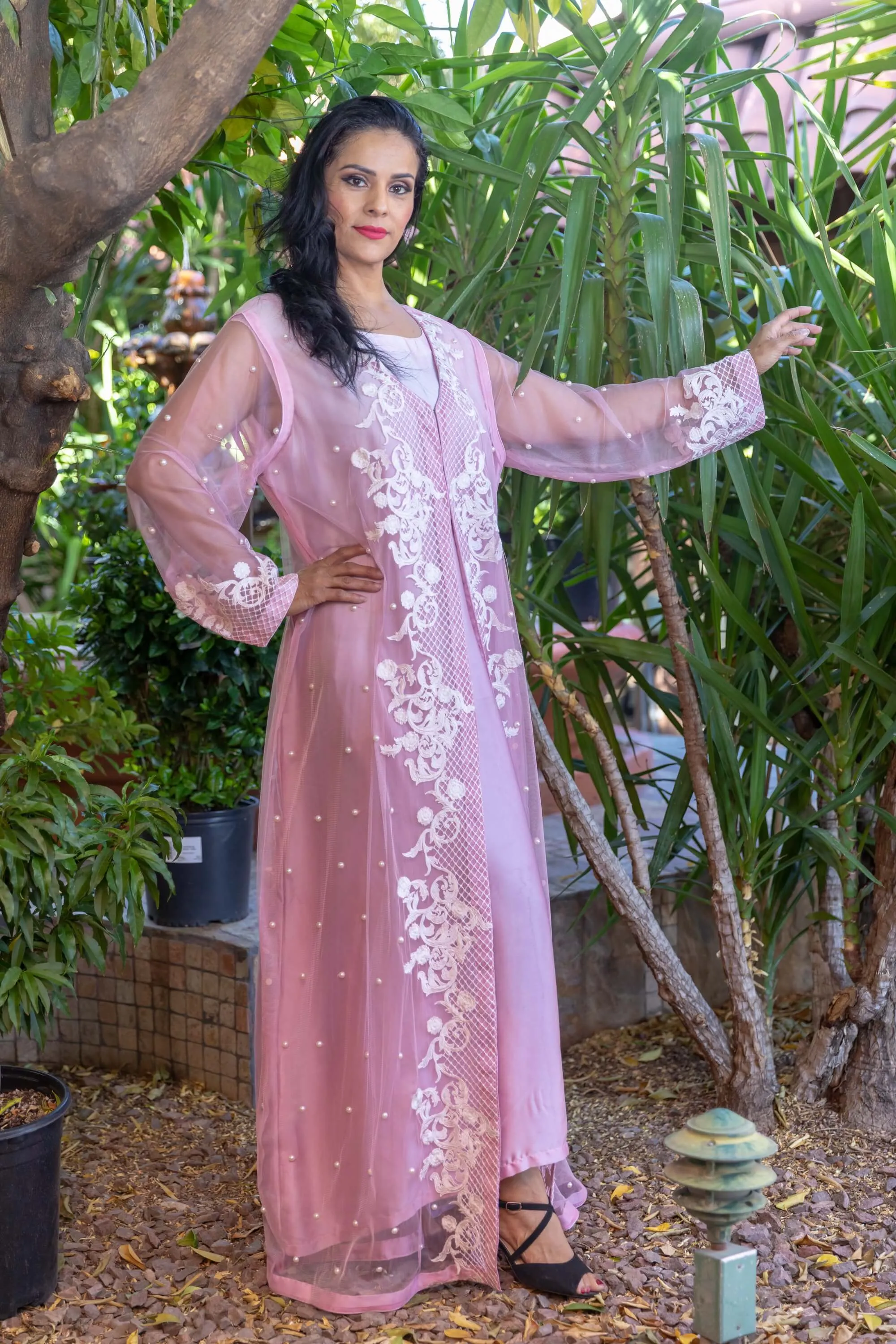 Pink Tulle Net and Silk Dress with Pearls
