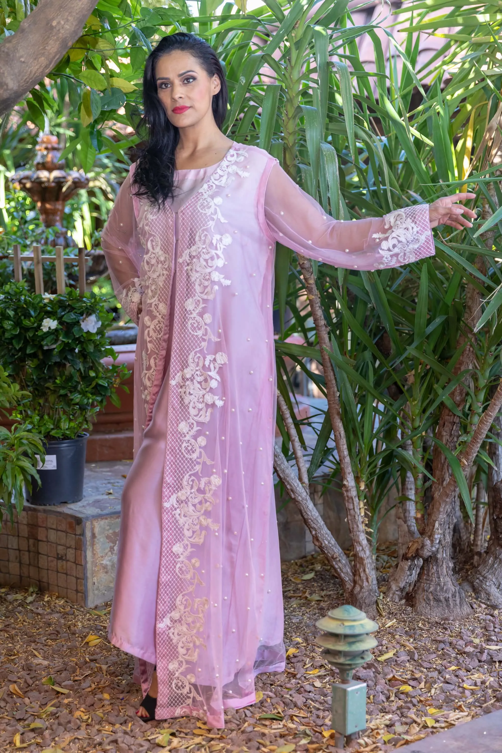 Pink Tulle Net and Silk Dress with Pearls