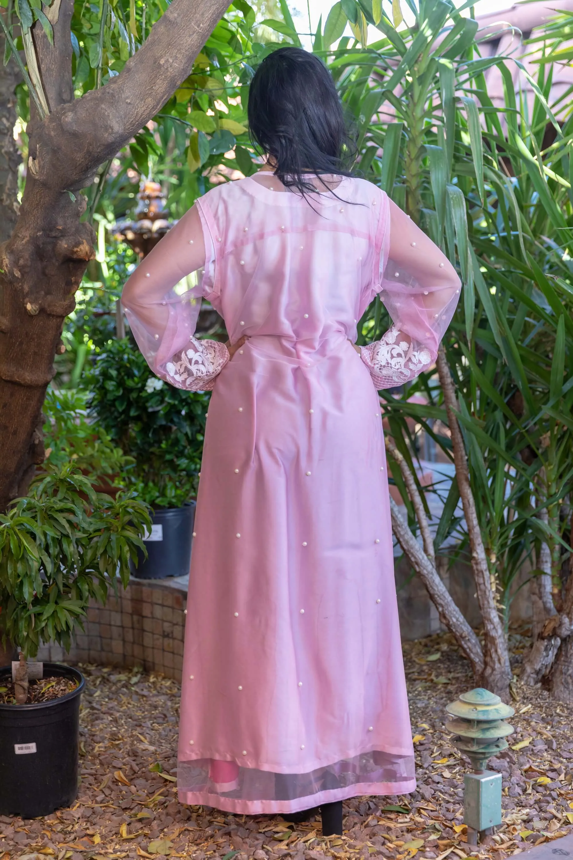 Pink Tulle Net and Silk Dress with Pearls