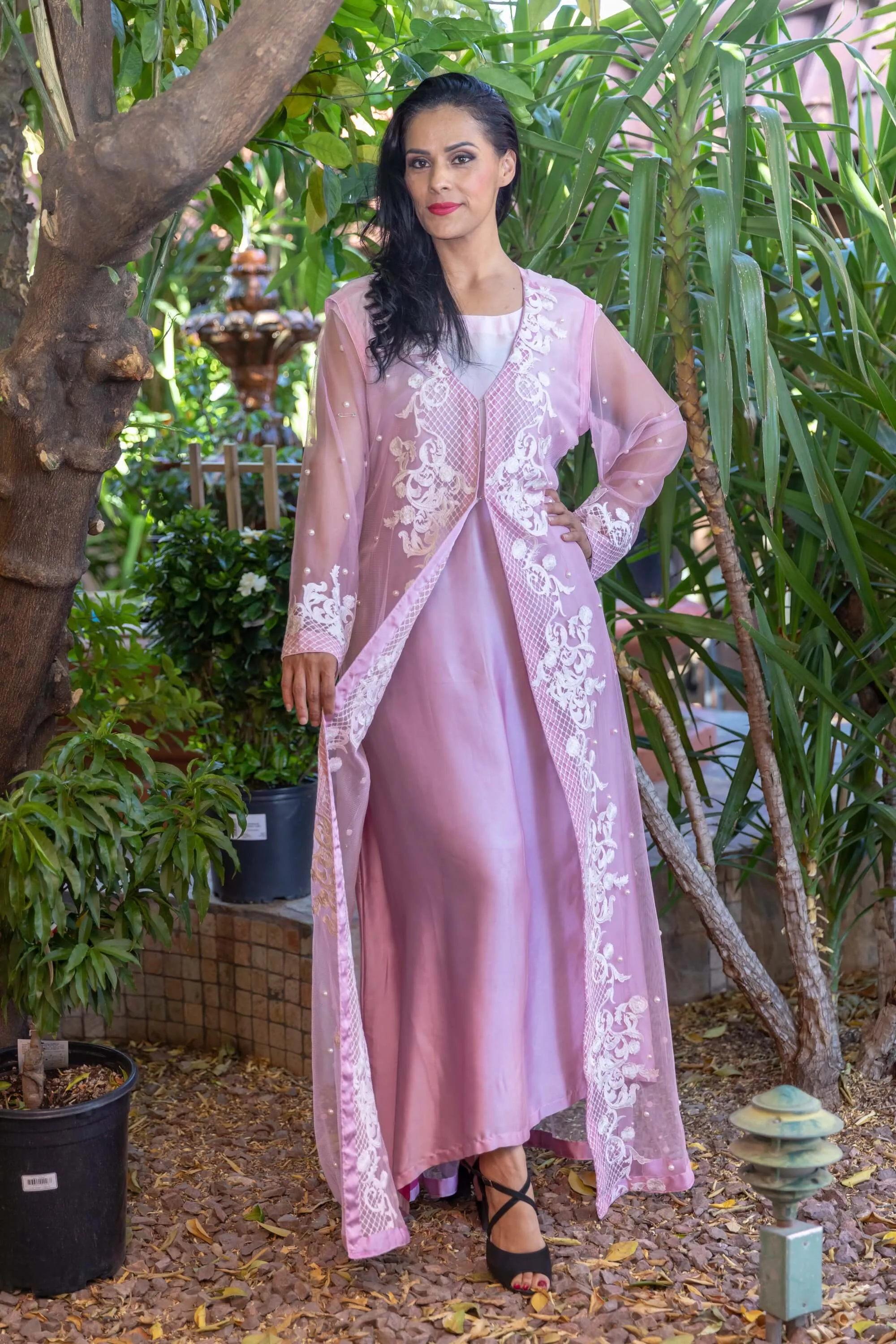 Pink Tulle Net and Silk Dress with Pearls