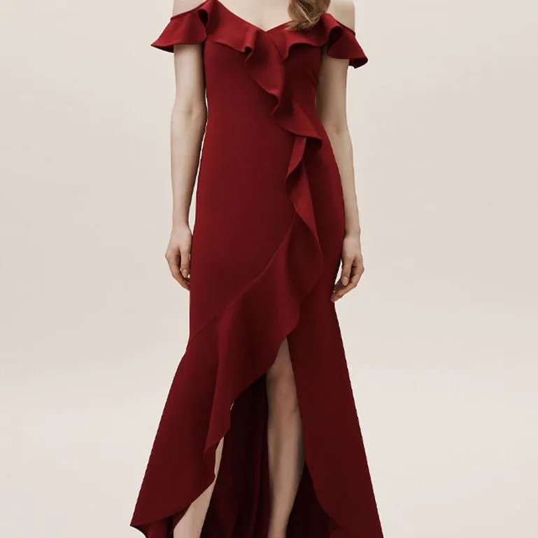 Plain satin ruffled burgundy dress with split legs