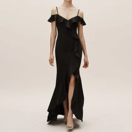 Plain satin ruffled burgundy dress with split legs