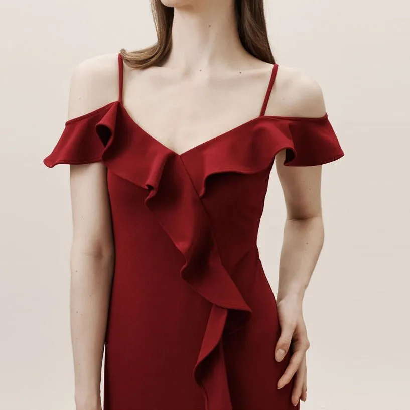 Plain satin ruffled burgundy dress with split legs